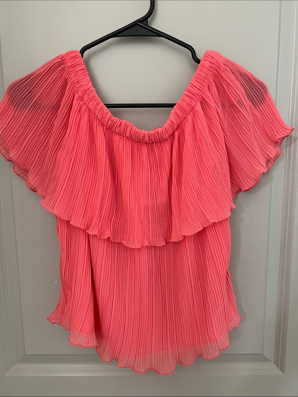 Express Coral Pink Off-Shoulder Pleated Ruffle Top